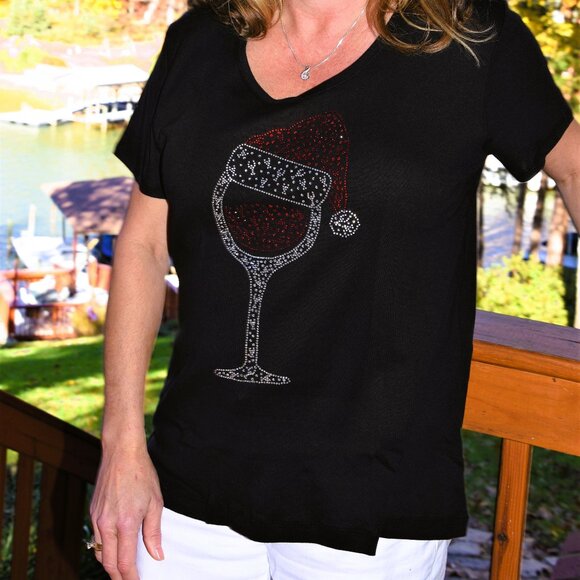 Christmas Wine Glass rhinestone bling VN SS shirt XS S M L XL XXL 1X 2X 3X 4X 5X - Picture 3 of 9